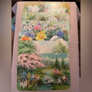 Vintage reusable country cottage/floral 15” x10” placemats by G. Galian in box.